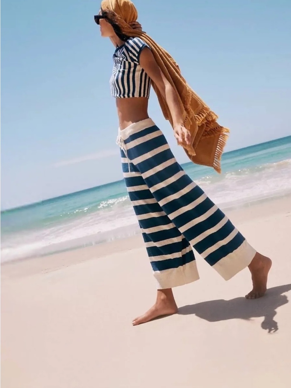 Free People Navy and Cream Striped knit  top and wide leg pants
